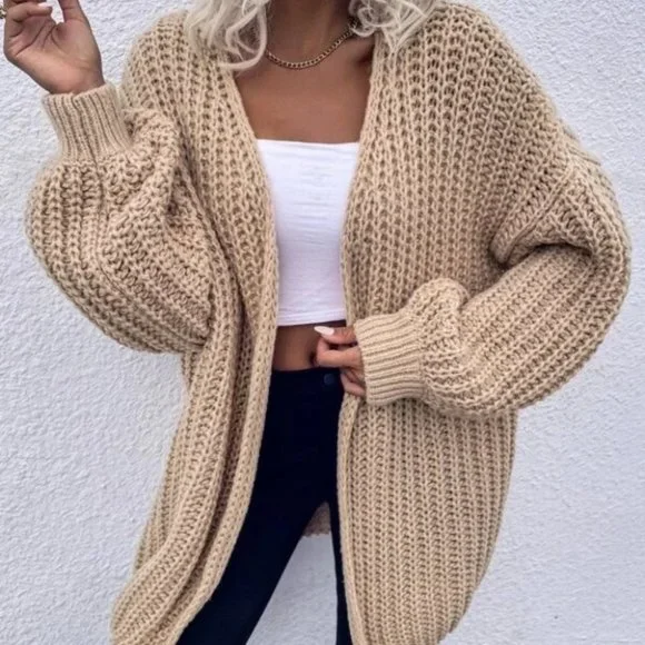 Chunky Knit Open front comfy cozy sweater Cardigan khaki - Picture 8 of 14